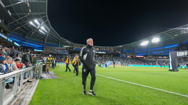 Oct 7, 2023; Saint Paul, Minnesota, USA; Minnesota United head coach Sean McAuley makes his first appearance as head coach walks the field before a match against Los Angeles Galaxy at Allianz Field.